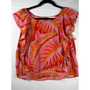 Cynthia Rowley Tropical Leaf Print Ruffle Blouse Pink Orange Womens Medium